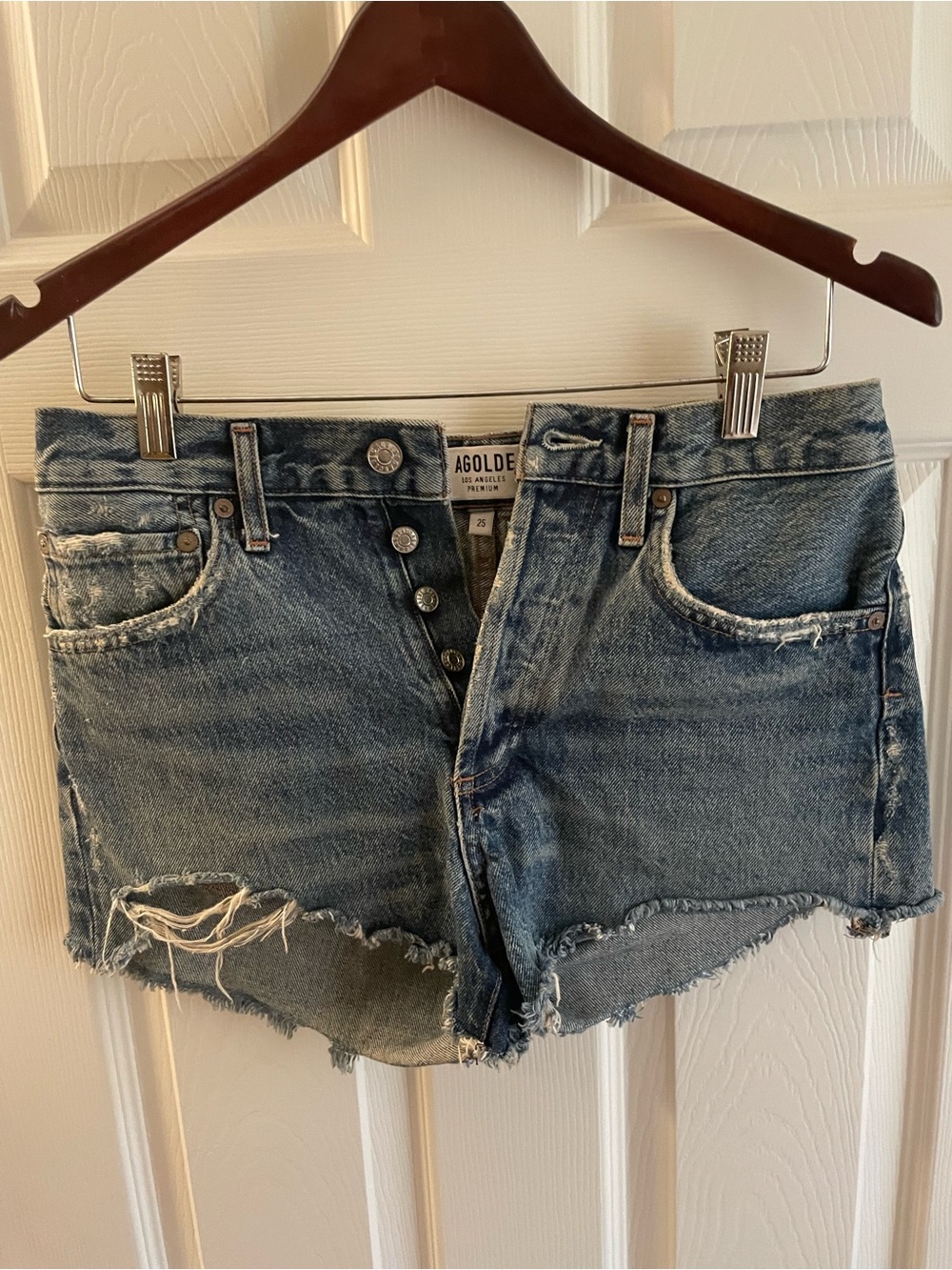 Agolde Button-Fly Distressed Denim Shorts - Medium Blue